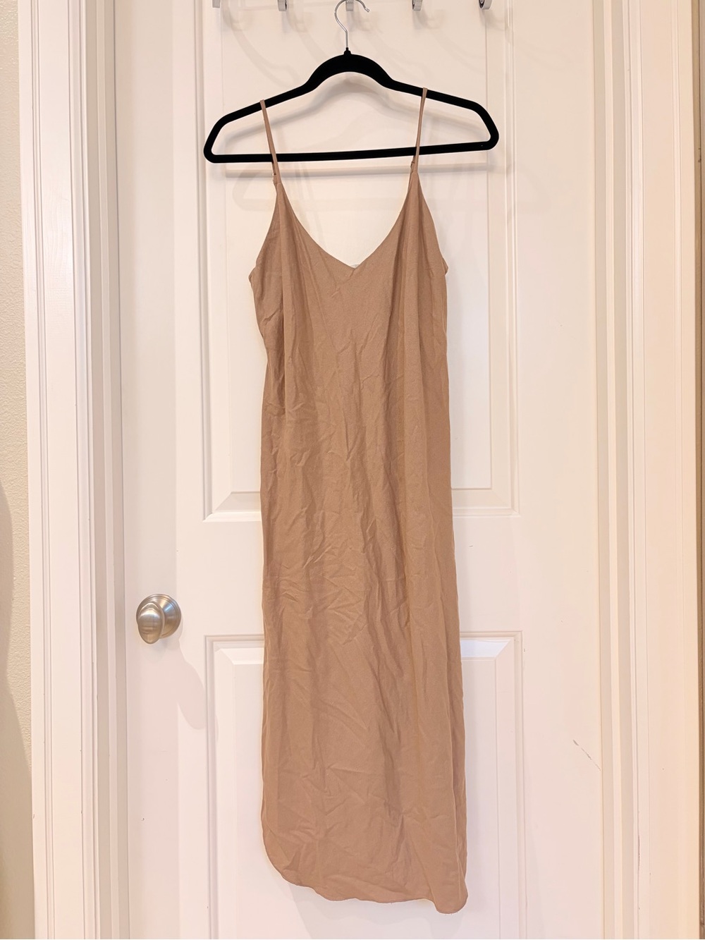 OZMA Raw Silk Nude Slip Midi Dress with Thin Straps